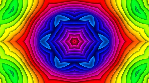 Abstraktes buntes hypnotisches symmetrisches Muster dekorative dekorative Kaleidoskopbewegung geometrische Kreis- und Sternformen