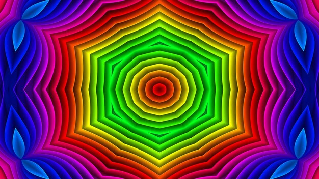 Abstraktes buntes hypnotisches symmetrisches Muster dekorative dekorative Kaleidoskopbewegung geometrische Kreis- und Sternformen