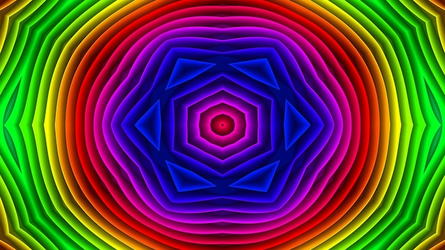 Abstraktes buntes hypnotisches symmetrisches Muster dekorative dekorative Kaleidoskopbewegung geometrische Kreis- und Sternformen