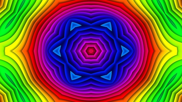 Abstraktes buntes hypnotisches symmetrisches Muster dekorative dekorative Kaleidoskopbewegung geometrische Kreis- und Sternformen