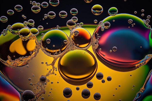 Abstraktes buntes Speiseöl lässt Blasen und Kugeln fallen, die auf der Wasseroberfläche fließen Makrofotografie