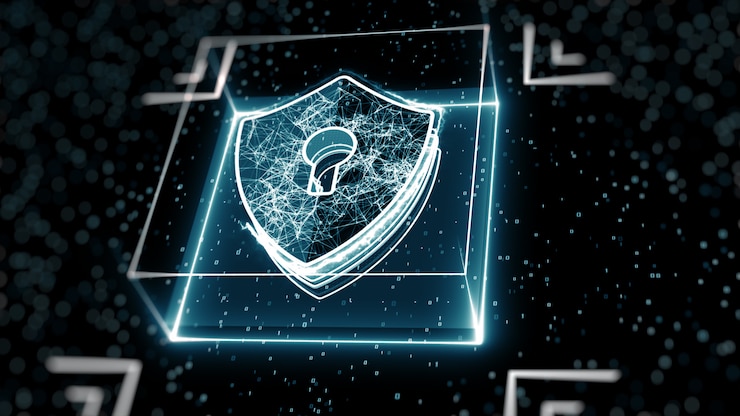 Abstraktes Cyber-Sicherheitskonzept. Schild mit Schlüssellochsymbol auf digitalem Datenhintergrund.