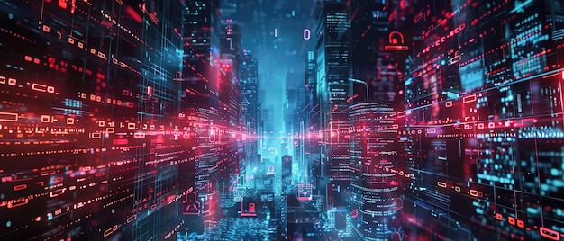 Abstraktes Datenmuster Hintergrund digitale Informationen in der dunklen Cyberstadt Konzept der sicheren Netzwerktechnologie Kunst Sicherheitstechnologie