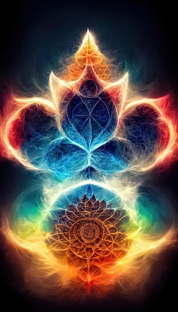 Foto abstraktes design von mehrfarbigem chakra kraftvolle energie chakra-mandala-blume 3d-illustration