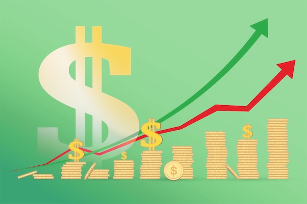 Abstraktes Diagramm mit wachsenden Dollarmünzen, gestapelt auf grünem Hintergrund mit Pfeil Finanzwachstum und Marktkonzept 3D-Rendering