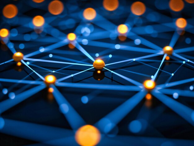 Abstraktes digitales Konnektivitäts- und Netzwerkkonzept, das das komplexe Netz von Technologie und futuristischer Kommunikation veranschaulicht