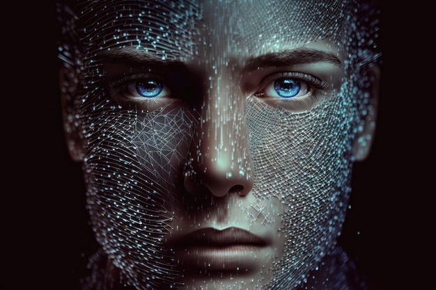 Abstraktes digitales menschliches Gesicht Konzept der künstlichen Intelligenz von Big Data oder Cyber Security AI Generation