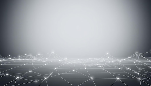 Abstraktes digitales Netzwerk mit leuchtend weißen Linien und Punkten auf grauem Hintergrund