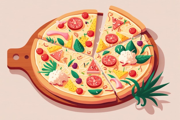 Abstraktes Fastfood, hawaiianische Pizza im Zeichentrickfilm-Stil