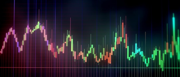 Abstraktes Finanzdiagramm mit Aufwärtstrendlinien-Kerzendiagramm im Aktienmarkt auf Neonlichtfarbe