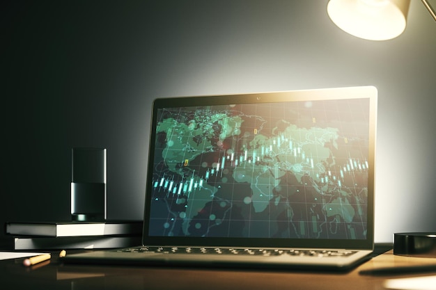 Abstraktes Finanzdiagramm mit Weltkarte auf modernem Laptop-Bildschirm Bank- und Buchhaltungskonzept