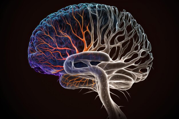 Abstraktes flüssiges menschliches Gehirn mit Venen und Nerven auf schwarzem Hintergrund, Kunst des Gehirns