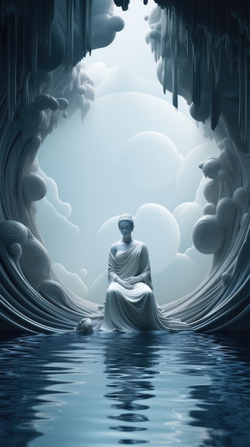 Abstraktes Foto einer Frauenstatue, die Yoga zur Meditation in einer Höhle und gegen den Mond macht