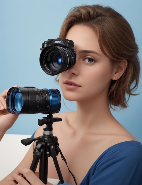 abstraktes Foto eines Mädchens mit einer Kamera auf einem Stativ und ihrer fotografischen Vision