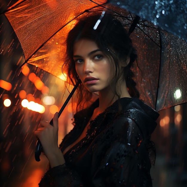 Abstraktes Fotografienporträt eines Mädchens mit Regennacht mit Regenschirm im Stadtstil