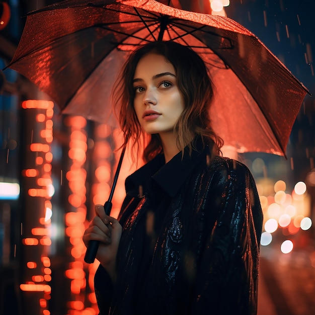 Abstraktes Fotografienporträt eines Mädchens mit Regennacht mit Regenschirm im Stadtstil