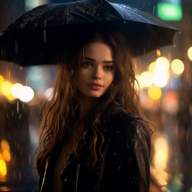 Abstraktes Fotografienporträt eines Mädchens mit Regennacht mit Regenschirm im Stadtstil