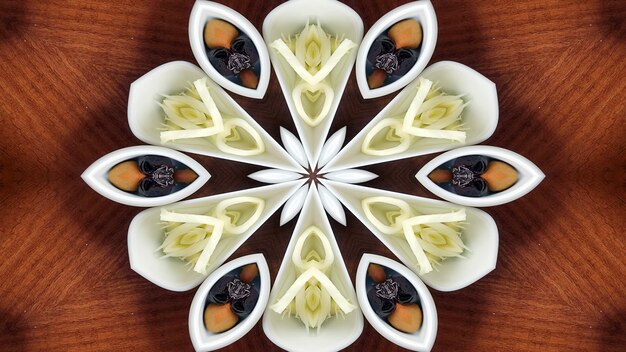 Abstraktes Frühstück Foto Symmetrisches Muster Dekorative dekorative Kaleidoskopbewegung Geometrischer Kreis und Sternformen