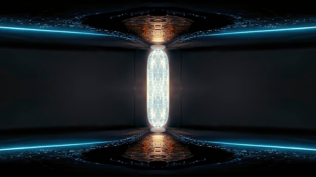 Abstraktes futuristisches Neon-Tunnelportal im Inneren Moderner dunkler Hintergrund Neonlichter unterirdischer Gang Die Bewegung des Lichts im Dunkeln Scifi-Hintergrund 3D-Illustration