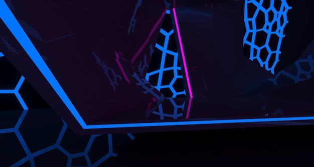 Abstraktes futuristisches SciFi-Interieur aus Beton mit rosa und blau leuchtenden Neonröhren 3D