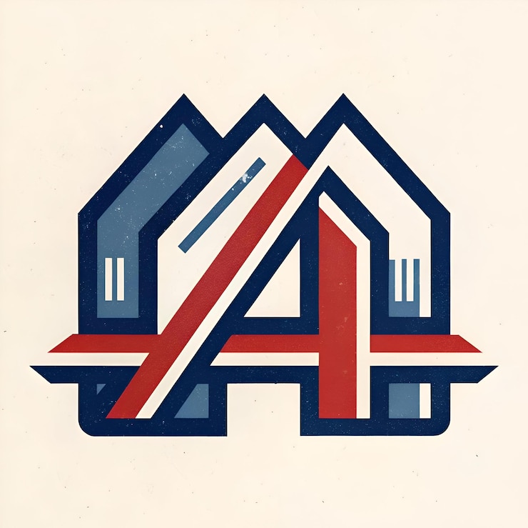 Foto abstraktes geometrisches design mit zwei häusern mit einer kräftigen roten linie, die die zahl 4 bildet, perfekt für immobilienverwaltung und architektur, logos oder branding