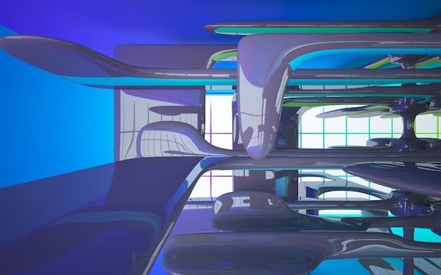 Abstraktes, glattes architektonisches Interieur in Weiß und Drahtschwarzglanz mit großen Fenstern 3D
