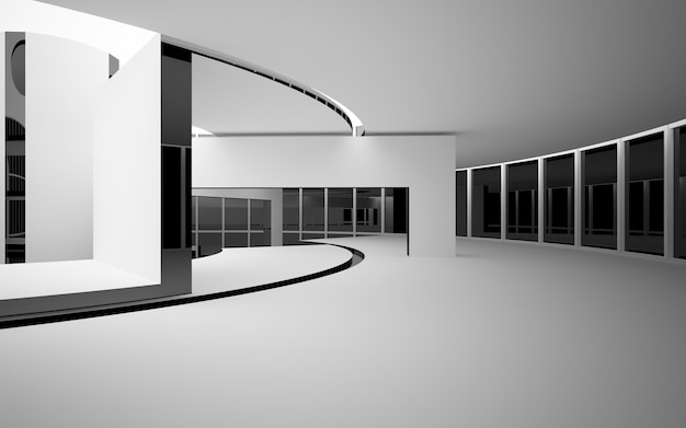 Abstraktes glattes architektonisches weißes und schwarzes glänzendes Interieur eines minimalistischen Hauses mit großem Fenster