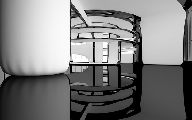 Abstraktes glattes architektonisches weißes und schwarzes glänzendes Interieur eines minimalistischen Hauses mit großem Fenster