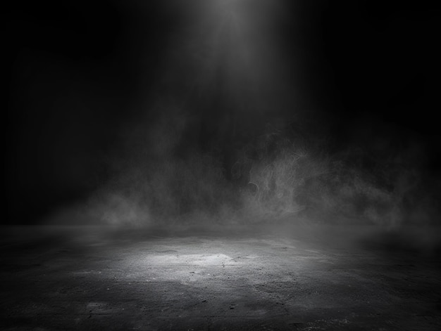 Abstraktes Grunge-Interieur mit Rauch Schwarzer Hintergrund mit Spotlicht auf dem Boden Staub und Rauch