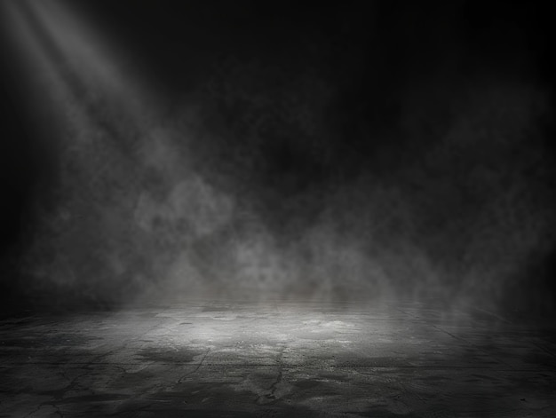 Abstraktes Grunge-Interieur mit Rauch Schwarzer Hintergrund mit Spotlicht auf dem Boden Staub und Rauch