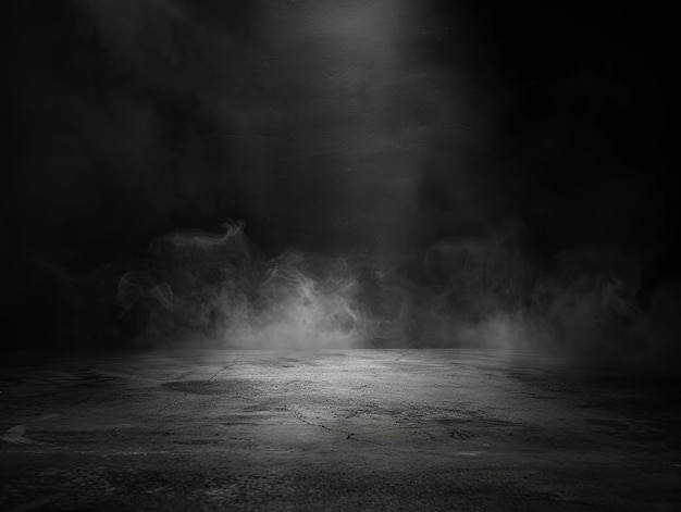 Abstraktes Grunge-Interieur mit Rauch Schwarzer Hintergrund mit Spotlicht auf dem Boden Staub und Rauch