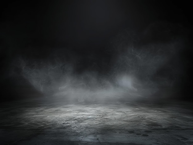 Abstraktes Grunge-Interieur mit Rauch Schwarzer Hintergrund mit Spotlicht auf dem Boden Staub und Rauch