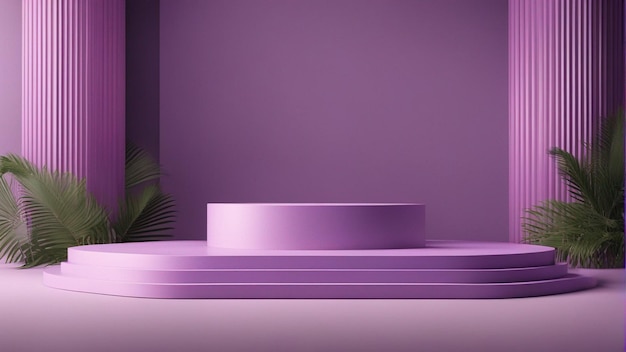 Abstraktes hellviolettes Podium mit Rahmen und Palmblatt-Hintergrund, 3D-Rendering