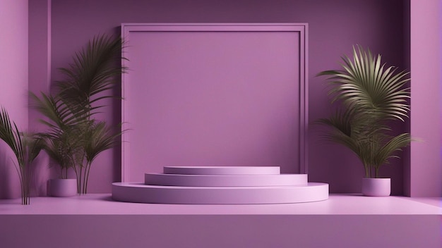 Abstraktes hellviolettes Podium mit Rahmen und Palmblatt-Hintergrund, 3D-Rendering