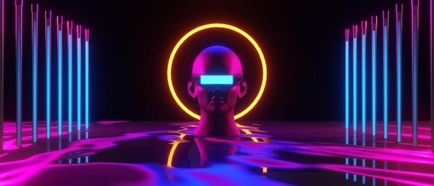 abstraktes Hintergrund-Videospiel von Esports Scifi-Gaming Cyberpunk, vr-Virtual-Reality-Simulation und Metaverse, Szenenstand-Sockelbühne, 3D-Illustrations-Rendering, futuristischer Neon-Glow-Raum