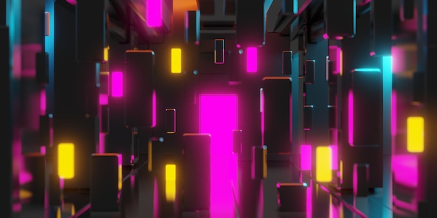 Abstraktes Hintergrund-Videospiel von Scifi-Spielen Cyberpunk vr Virtual-Reality-Simulation und Metaverse-Szene stehen auf Sockelbühne 3D-Illustration, die einen futuristischen Neon-Glow-Raum wiedergibt