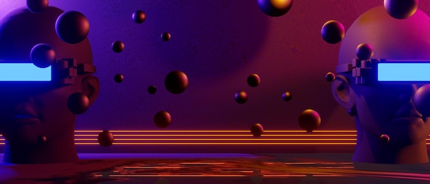 Abstraktes Hintergrundvideospiel von esports scifi gaming cyberpunk vr virtuelle realitätssimulation und metaverse-szene stehen auf der podestbühne 3d-illustration, die einen futuristischen neonlichtraum rendert