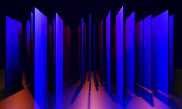 Abstraktes Hintergrundvideospiel von esports scifi gaming cyberpunk vr virtuelle realitätssimulation und metaverse-szene stehen auf der podestbühne 3d-illustration, die einen futuristischen neonlichtraum rendert