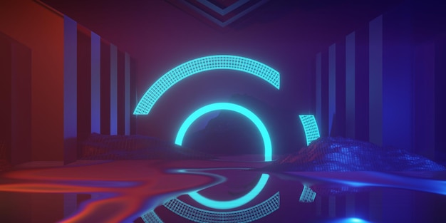 Abstraktes Hintergrundvideospiel von esports scifi gaming cyberpunk vr virtuelle realitätssimulation und metaverse-szene stehen auf der podestbühne 3d-illustration, die einen futuristischen neonlichtraum rendert