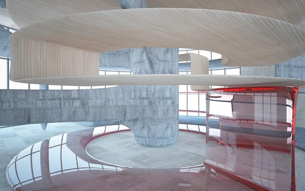 Abstraktes Interieur aus Betonglas und Holz mit 3D-Darstellung und Rendering des Fensters