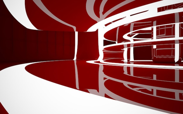 Abstraktes Interieur der Zukunft im minimalistischen Stil mit roter Skulptur und Wasser Night View Arc