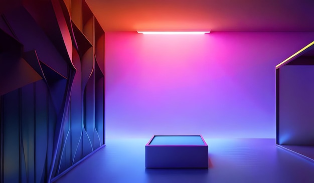 Foto abstraktes interieur mit podium und generativer ki im neonlicht