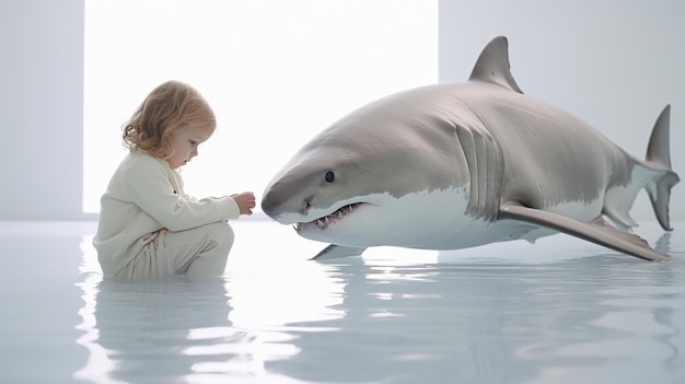 Abstraktes Kind, das mit einem niedlichen Hai-KI-generierten Bild spielt