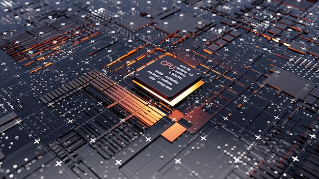 Abstraktes Konzept der zentralen Computerprozessoren. 3D-Darstellung. Konzeptionelle CPU auf Platine - PCB