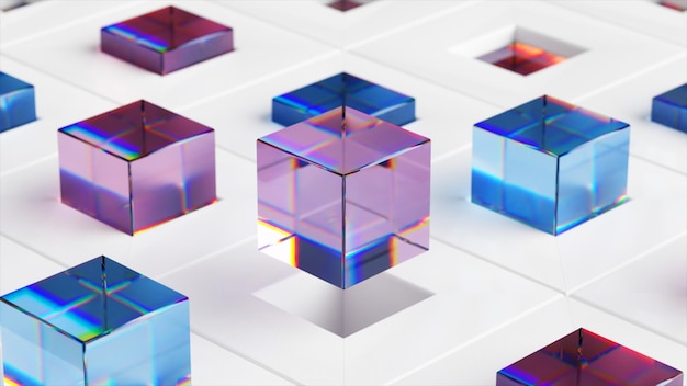 Abstraktes Konzept Glasfarbene Würfel fliegen aus weißen Zellen auf dem Boden aus Blau-violette Farbe 3D-Illustration