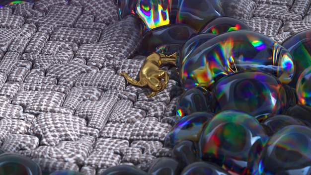 Abstraktes Konzept Lustige goldene Figuren bewegen sich chaotisch auf der Oberfläche aufblasender Blasen Mosaikzeichnung