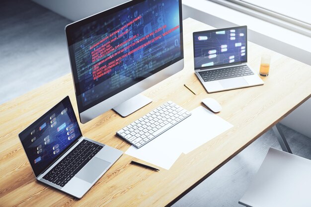 Abstraktes kreatives Codierungskonzept auf modernem Laptop-Bildschirm 3D-Rendering