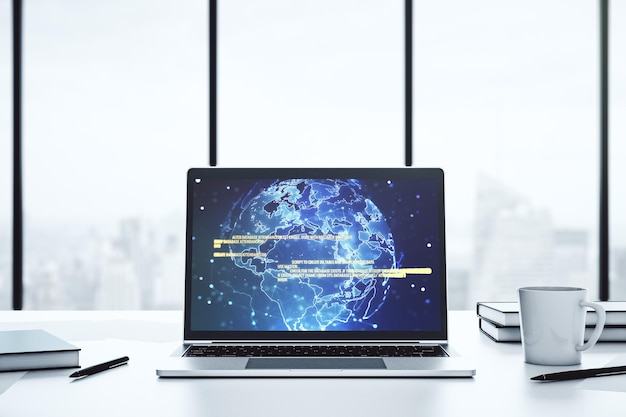 Abstraktes kreatives Codierungskonzept mit Weltkarte auf modernem Laptop-Bildschirm 3D-Rendering