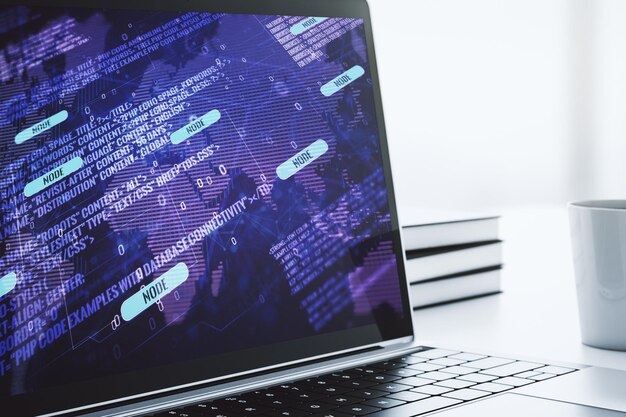 Abstraktes kreatives Codierungskonzept mit Weltkarte auf modernem Laptop-Bildschirm 3D-Rendering