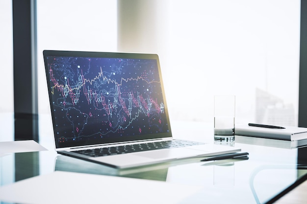 Abstraktes kreatives Finanzdiagramm auf modernem Laptop-Bildschirm Forex und Anlagekonzept 3D-Rendering